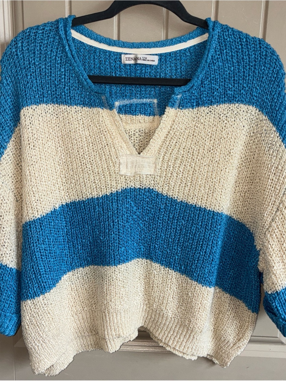 Zenana Outfitters Teal-Blue and Cream Striped V-Neck Pullover